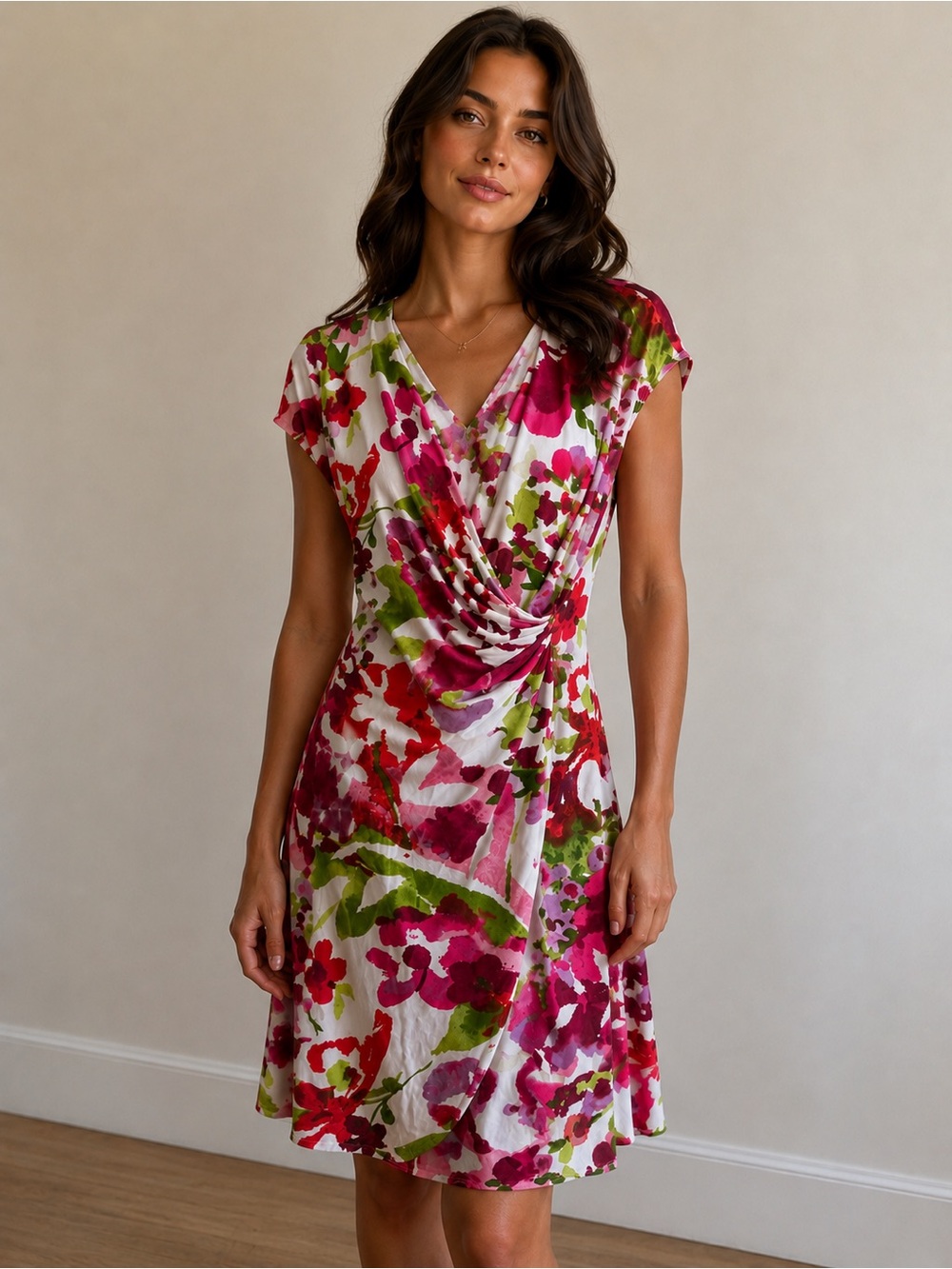 Tommy Bahama Pink & Green Floral Drape-Front Midi Dress